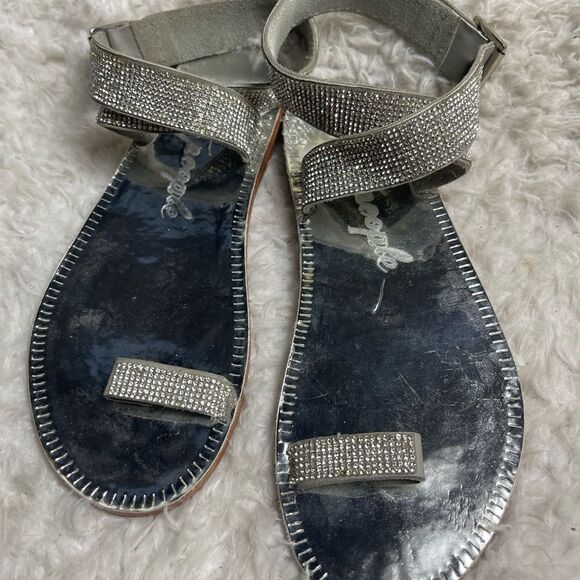 Free People Sunset Cruise Leather Sandals Silver Rhinestones ankle strap SZ7.5 - Picture 3 of 8